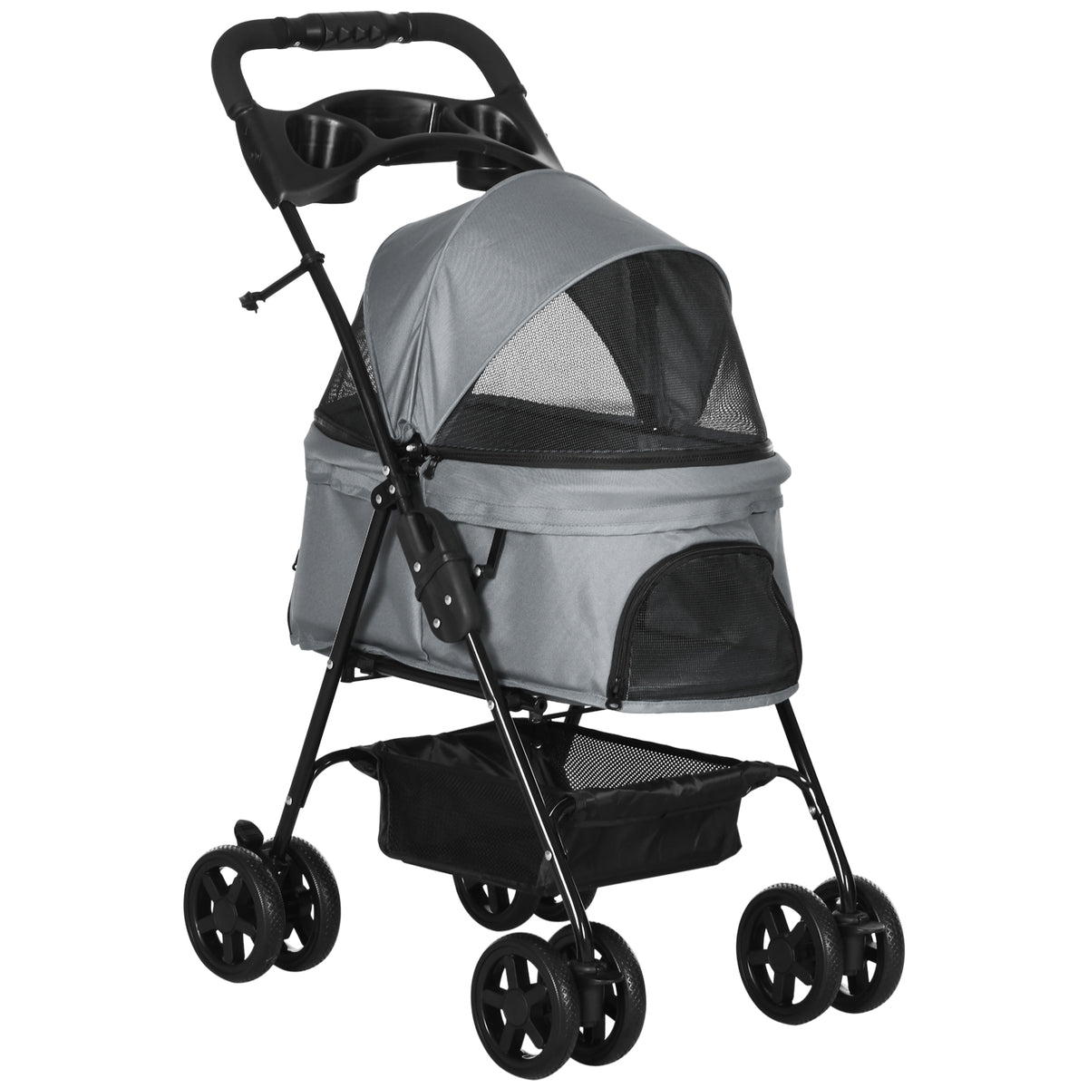 Four-Wheel Folding Dog Stroller with Cup Holder – Grey
