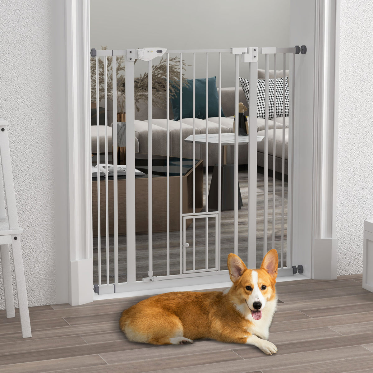 Extra-Tall Auto-Close Dog Gate with Cat Flap – White, 74–101cm