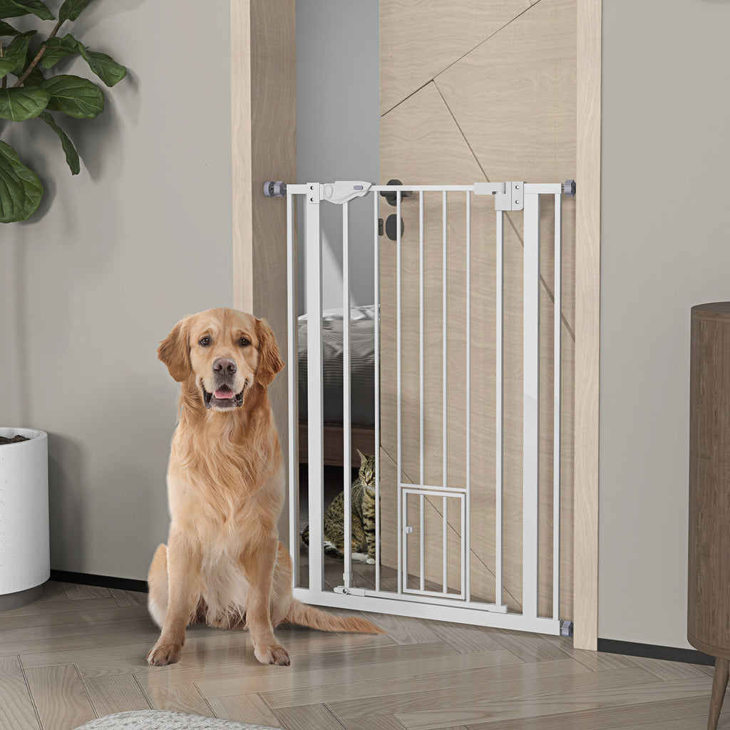 Extra-Tall Auto-Close Pet Gate with Cat Flap – White, 74–80cm