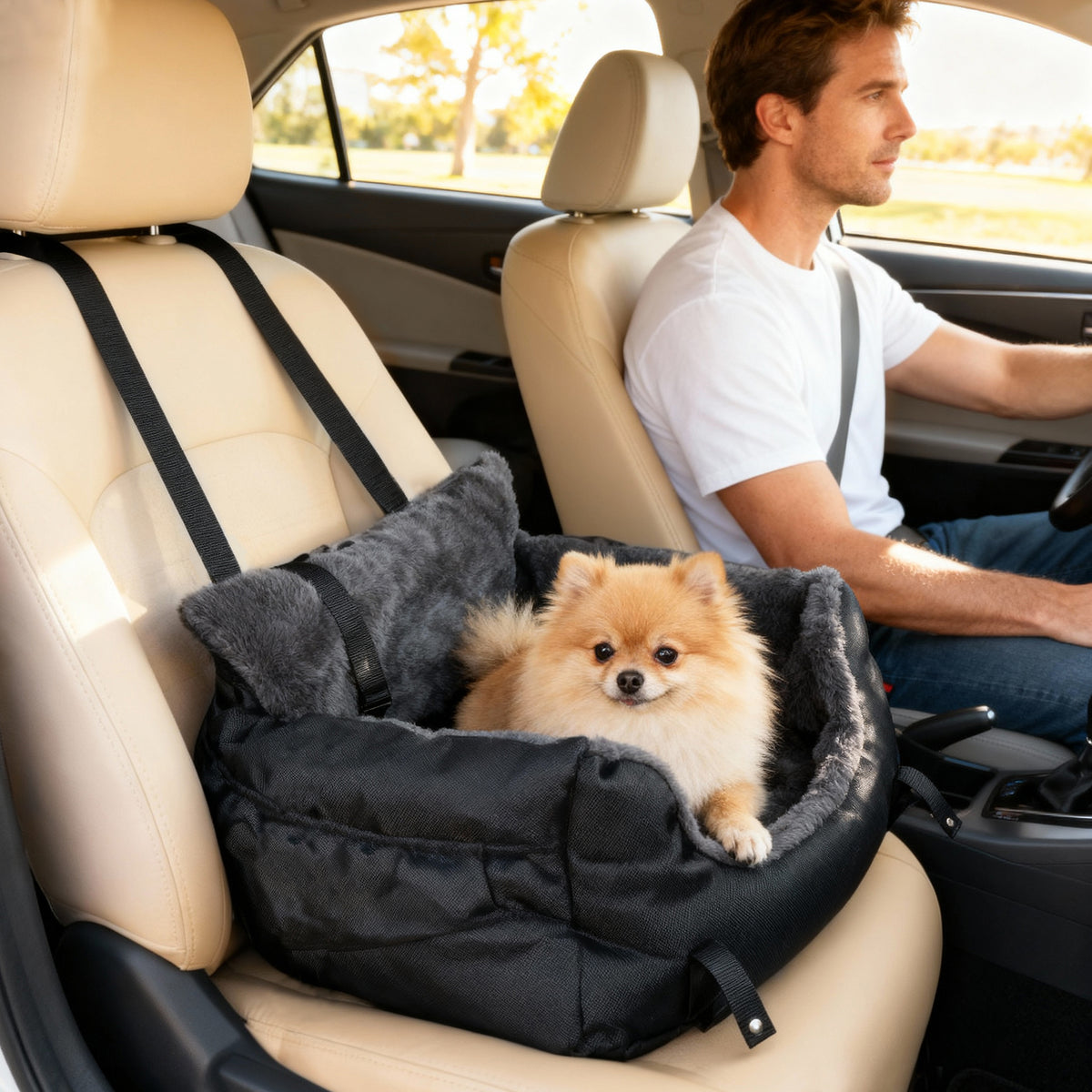 Dog Car Seat with Safety Leash & Washable Cover – Black