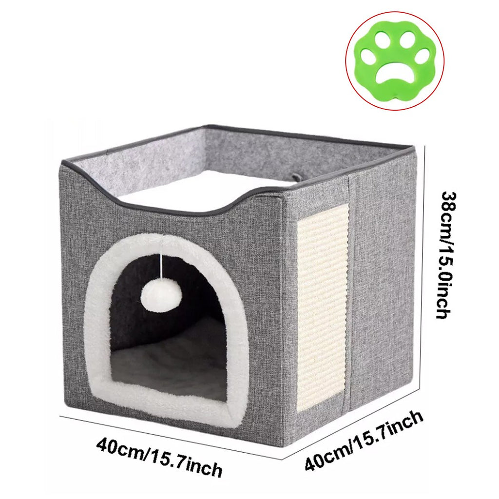 Foldable Cat House with Scratching Board & Hanging Ball – Grey, 40 × 40 × 38cm – Variant: A