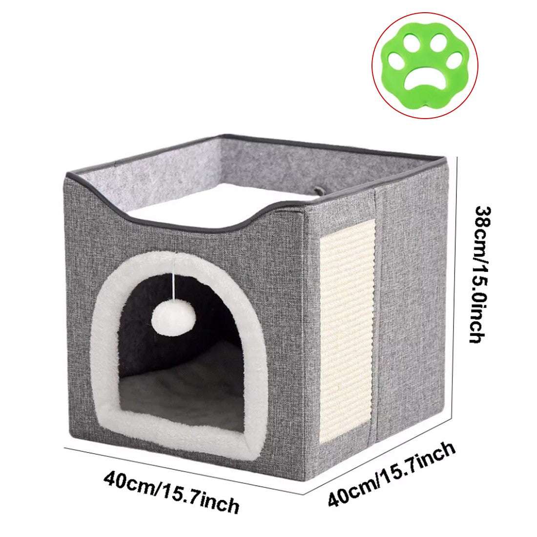Foldable Cat House with Scratching Board & Hanging Ball – Grey, 40 × 40 × 38cm – Variant: A