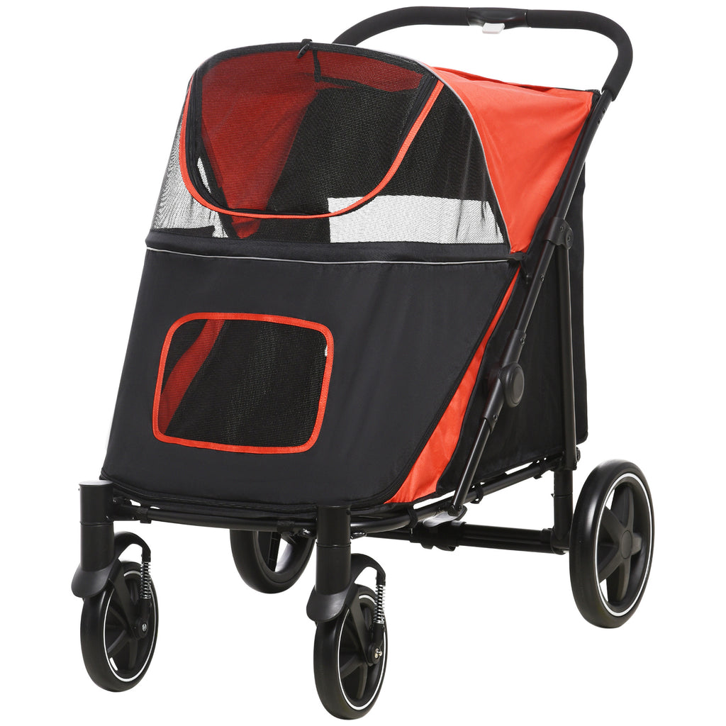 Folding Dog Stroller with Swivel Wheels & Shock Absorbers – Red