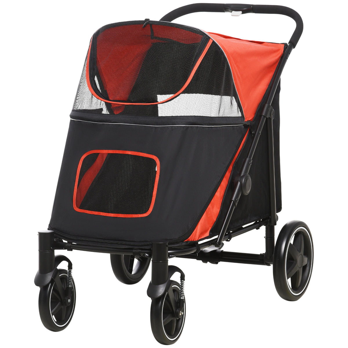 Folding Dog Stroller with Swivel Wheels & Shock Absorbers – Red