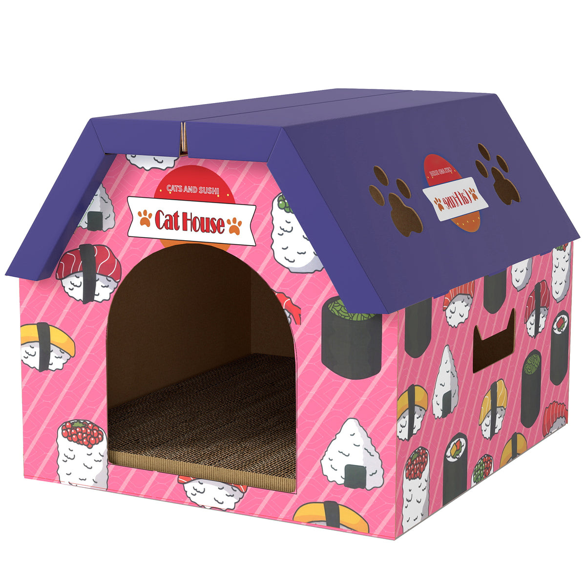 PawHut Sushi-Style Cardboard Cat House & Scratching Board – Pink – Variant: A