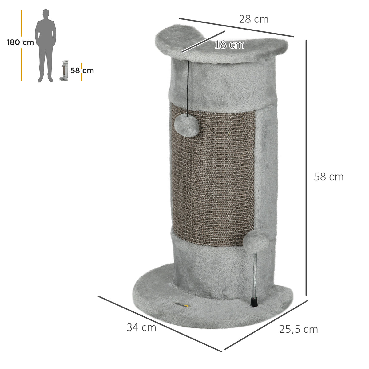 PawHut Sisal Cat Scratching Post with Two Toy Balls – Grey, 58cm – Style: A