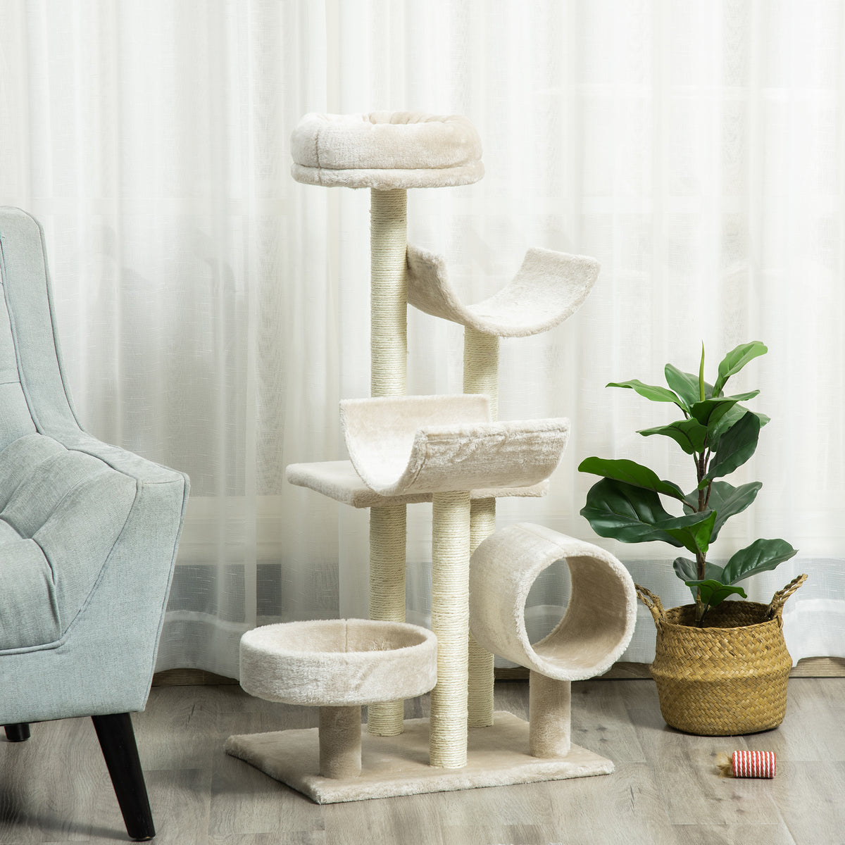 PawHut Cat Tree with Scratching Posts & Perches – Beige, 105cm – Style: A