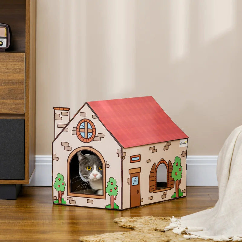 PawHut Cardboard Cat House and Scratcher – Burgundy – Color: Burgundy, Size: 42 x 30 x 37cm