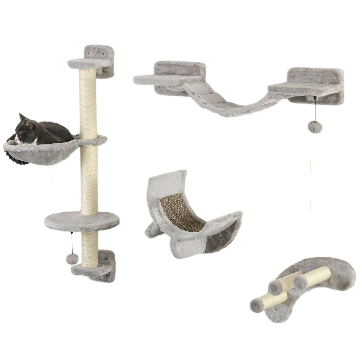 Wall-Mounted Cat Furniture with Hammock, Ladder & Platforms – Grey, 4 Pieces