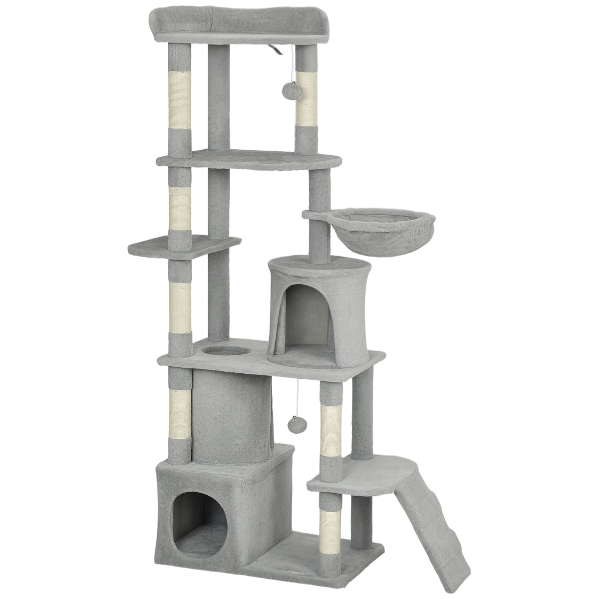 Cat Tree with Seven Scratching Posts, Tunnel, Two Condos & Hammock – Light Grey, 170cm