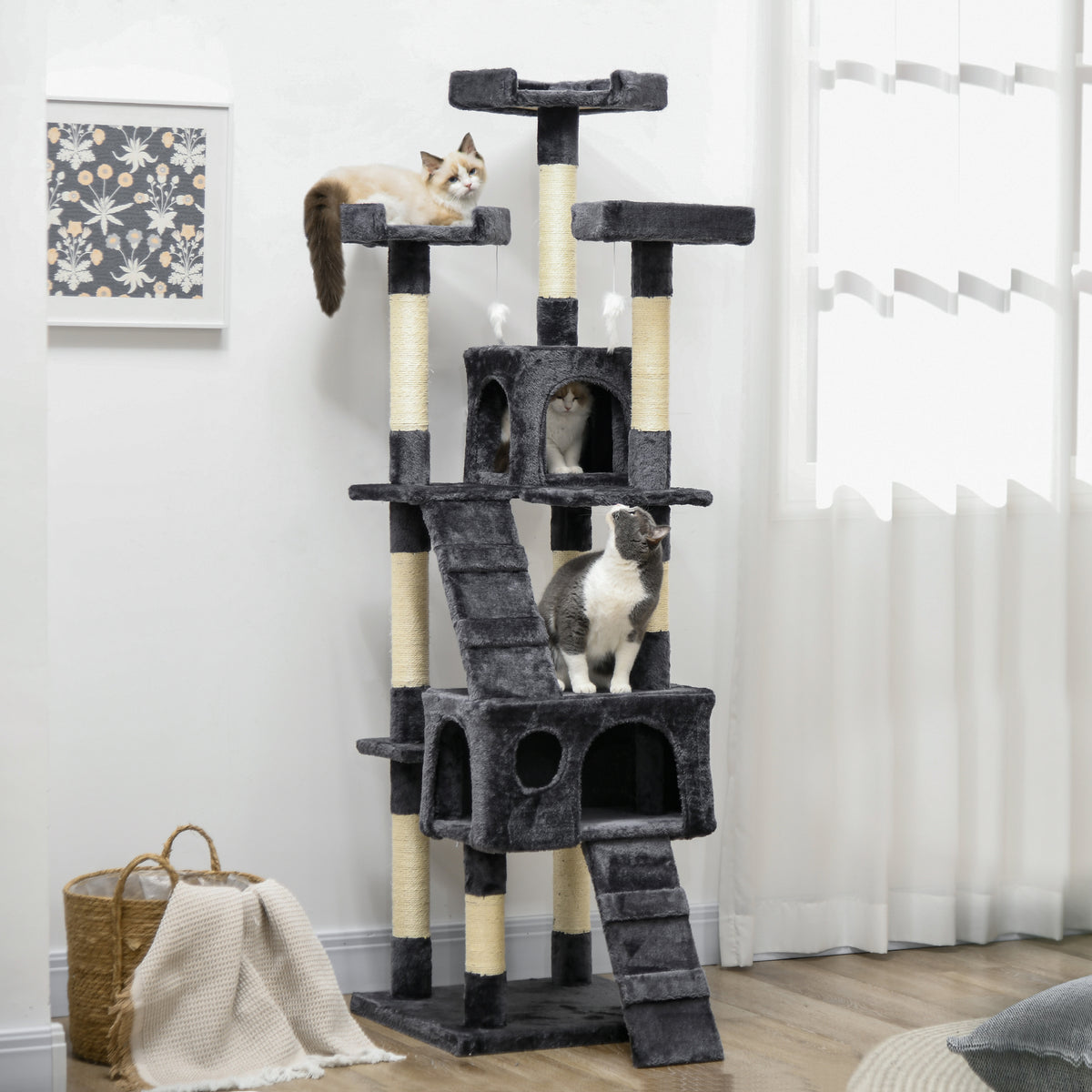Tall Cat Tree & Activity House – Charcoal Grey, 173cm