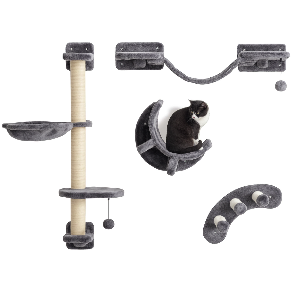 Cat Wall Furniture with Hammock & Ladder – Dark Grey, 4-Piece Set
