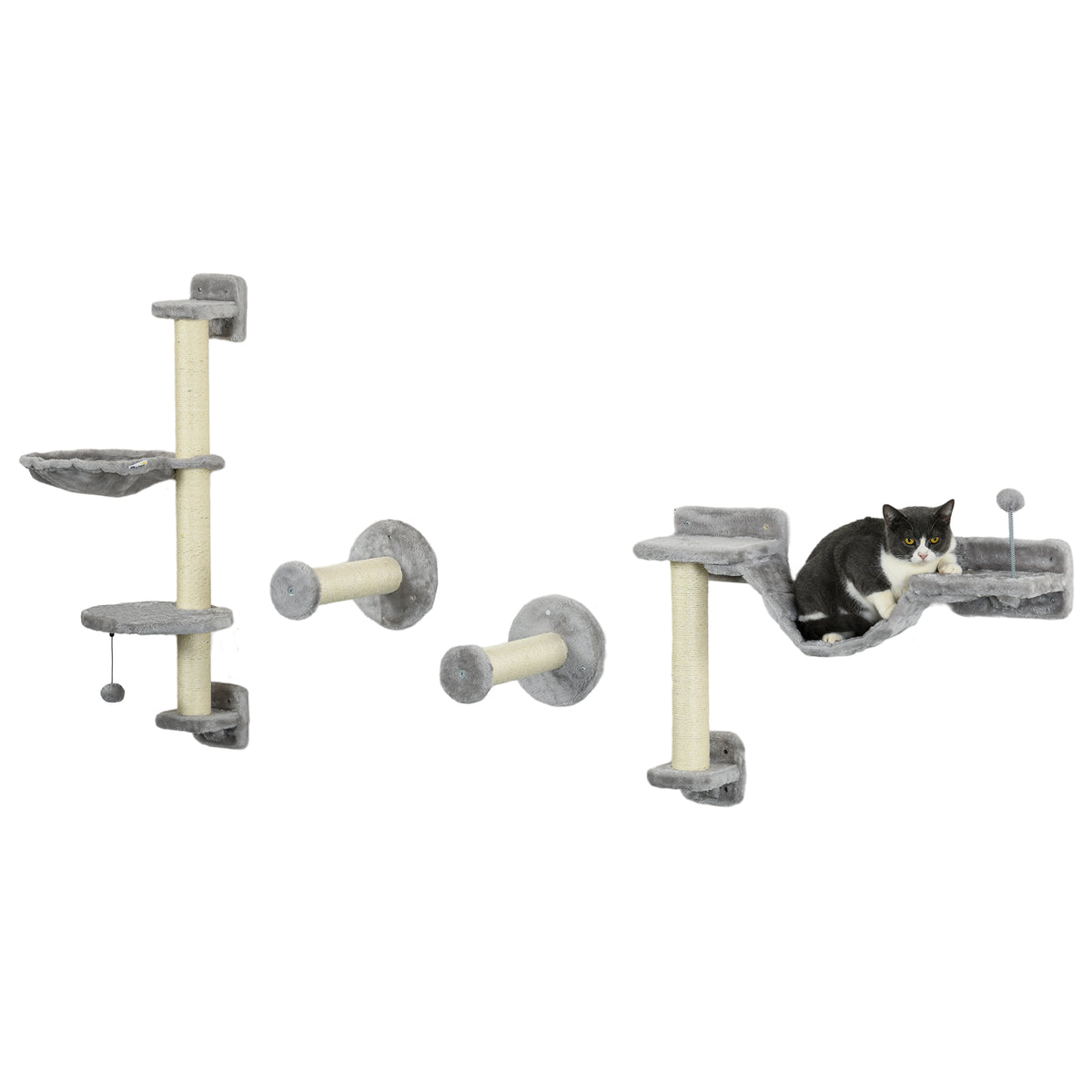 Wall-Mounted Cat Furniture with Hammock, Perches, Ladder & Scratching Post – Grey, 4 Pieces