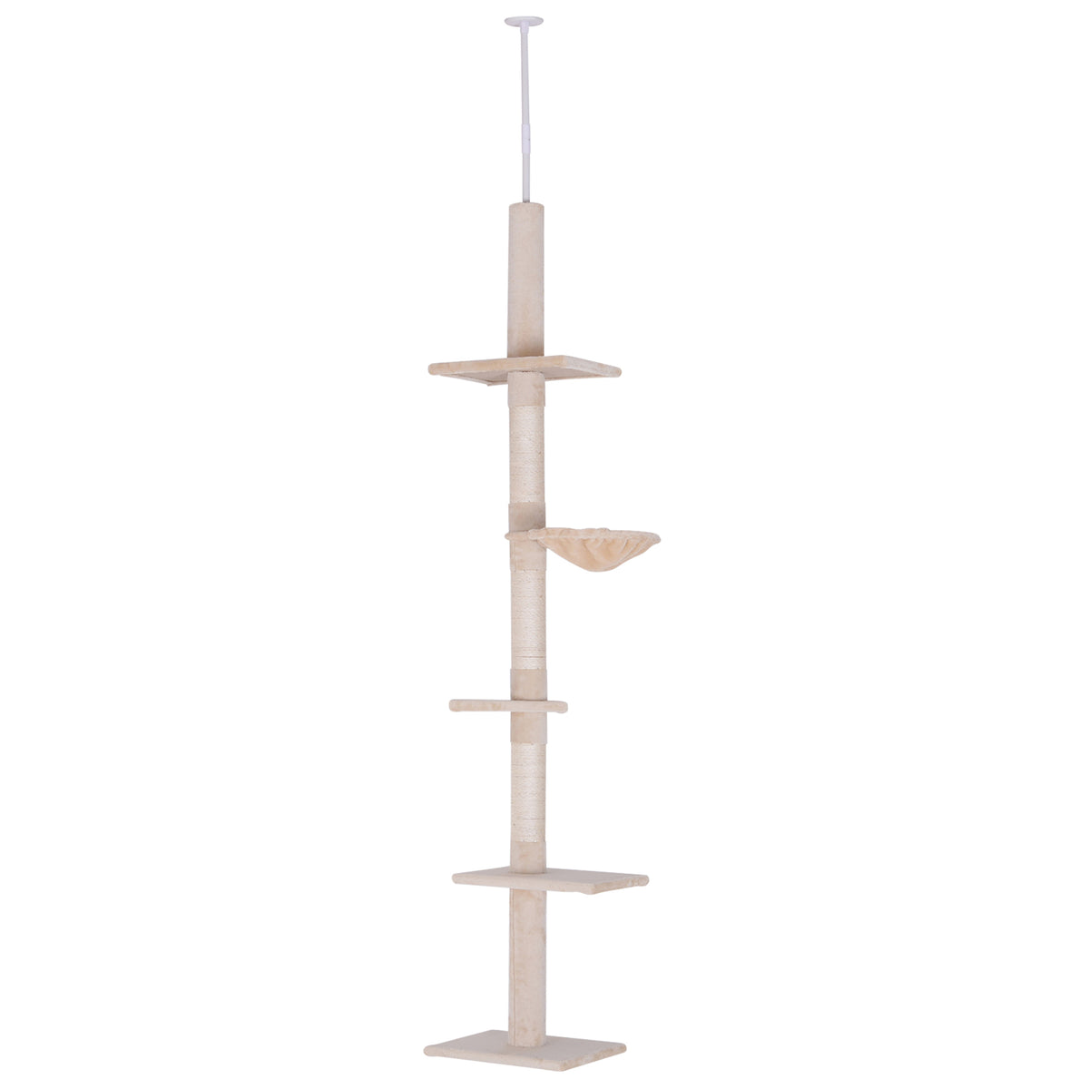 Five-Tier Floor-to-Ceiling Cat Tree with Scratching Posts & Hammock – Beige, 230–260cm