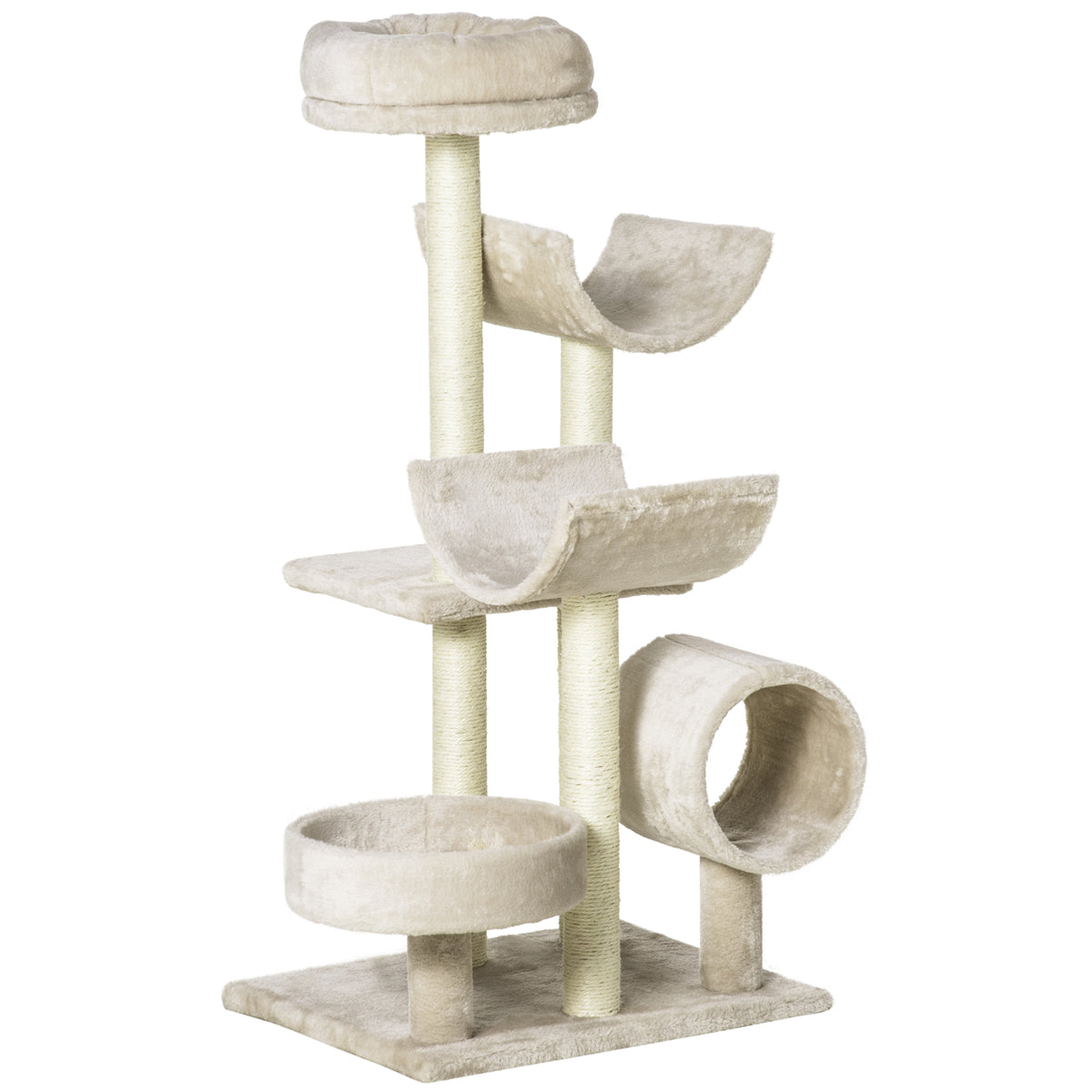 Cat Tree with Scratching Post, Perch & Arch Tunnel – Beige, 105cm