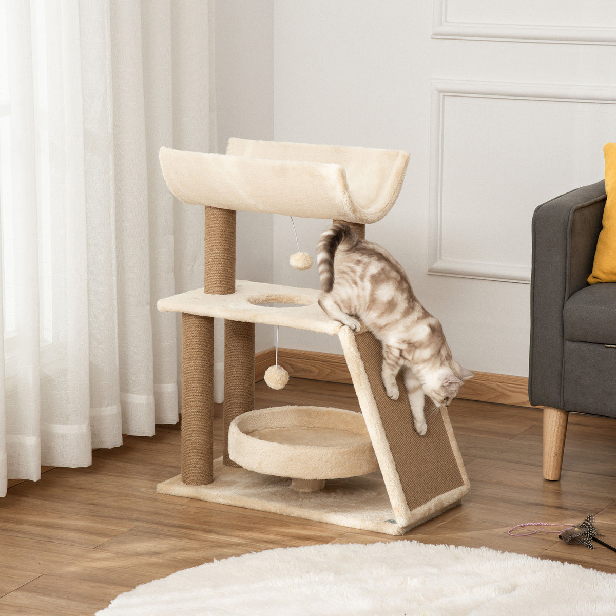 Cat Tree Tower with Bed, Perch & Toy Ball – Light Brown