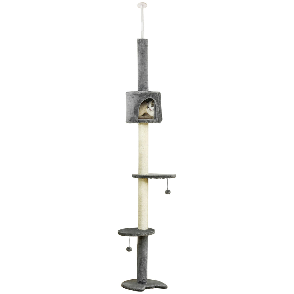 Floor-to-Ceiling Cat Tree with Condo & Hanging Balls – Light Grey