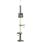 Floor-to-Ceiling Cat Tree with Condo & Hanging Balls – Light Grey