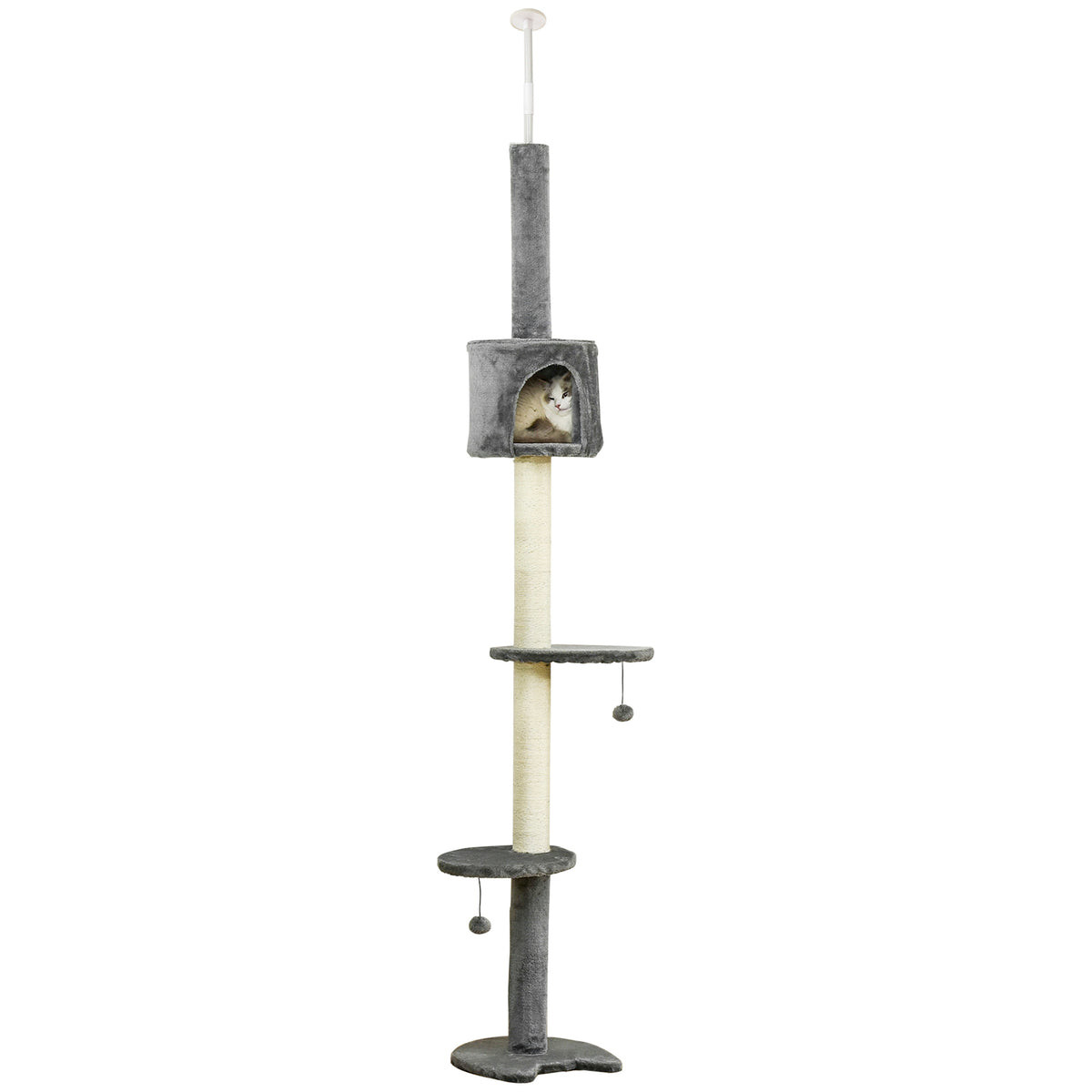 Floor-to-Ceiling Cat Tree with Condo & Hanging Balls – Light Grey