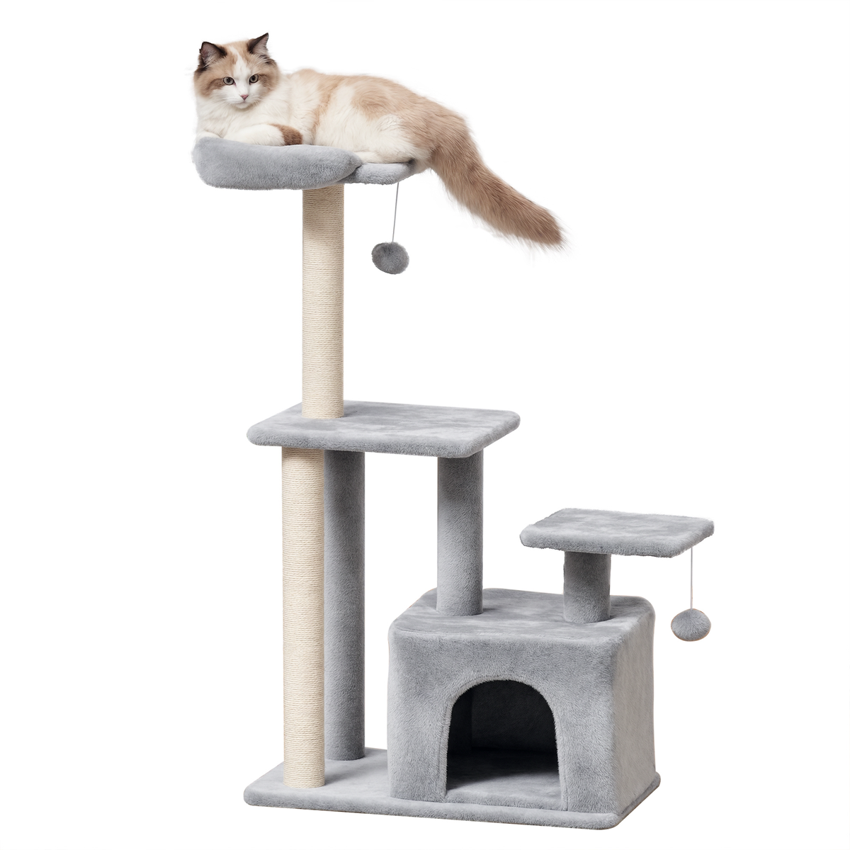 Cat Tree with Sisal Posts & Condo – Light Grey, 114cm