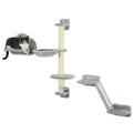Three-Piece Wall-Mounted Cat Shelves with Hammock, Ladder & Scratching Post – Grey