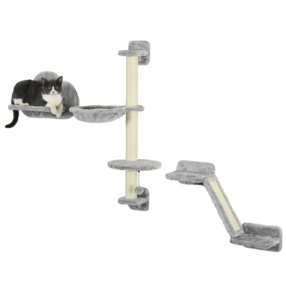 Three-Piece Wall-Mounted Cat Shelves with Hammock, Ladder & Scratching Post – Grey