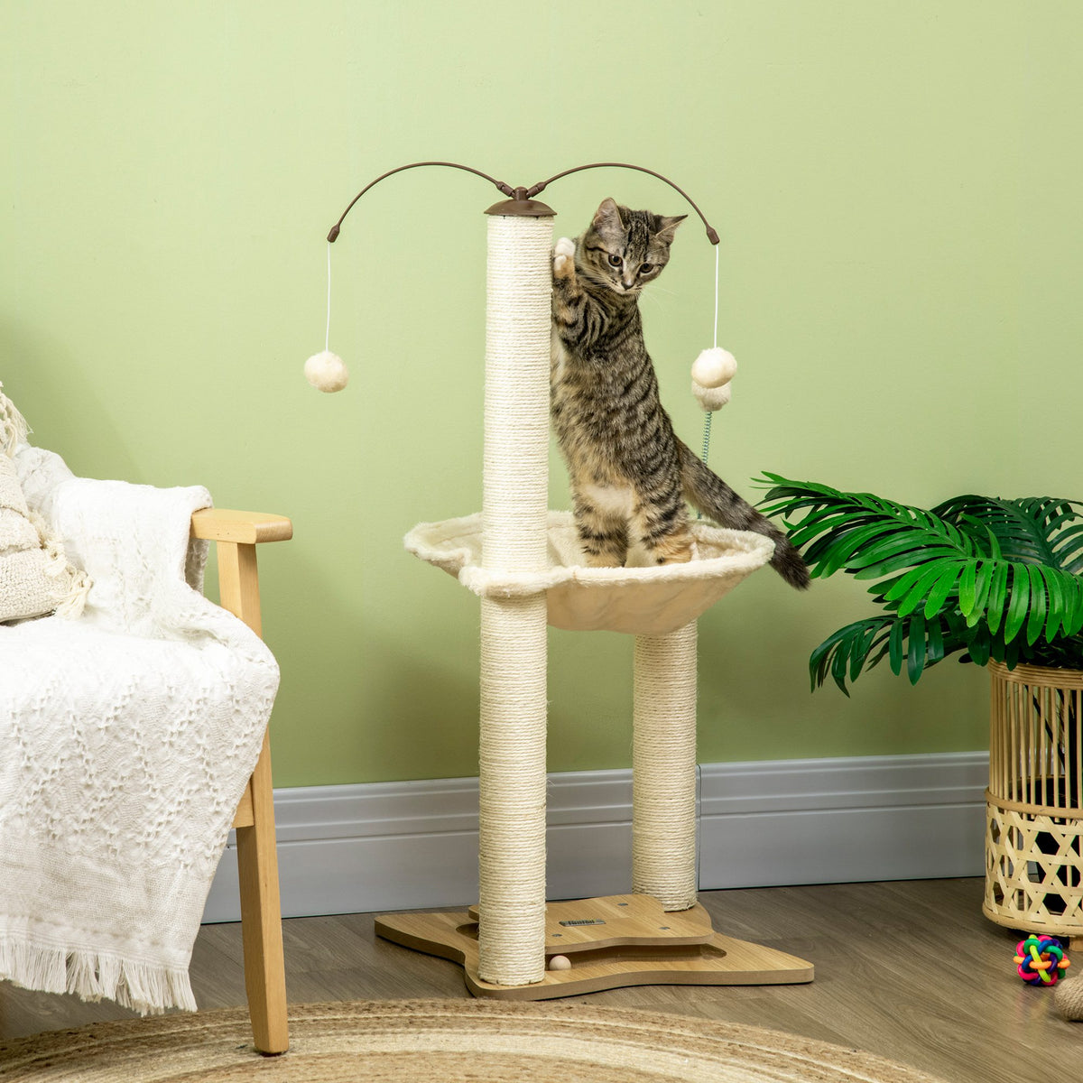 Cat Tree with Scratching Posts, Hammock & Toy Ball – Beige