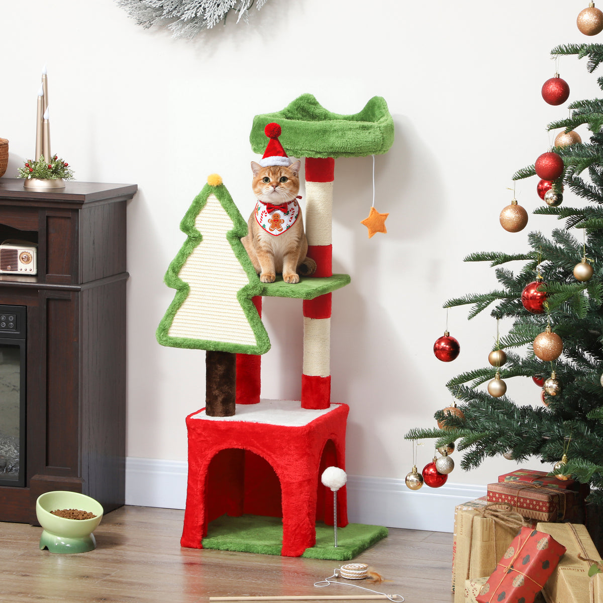 Christmas Cat Tree with Scratching Post & Toys – Green, 120cm