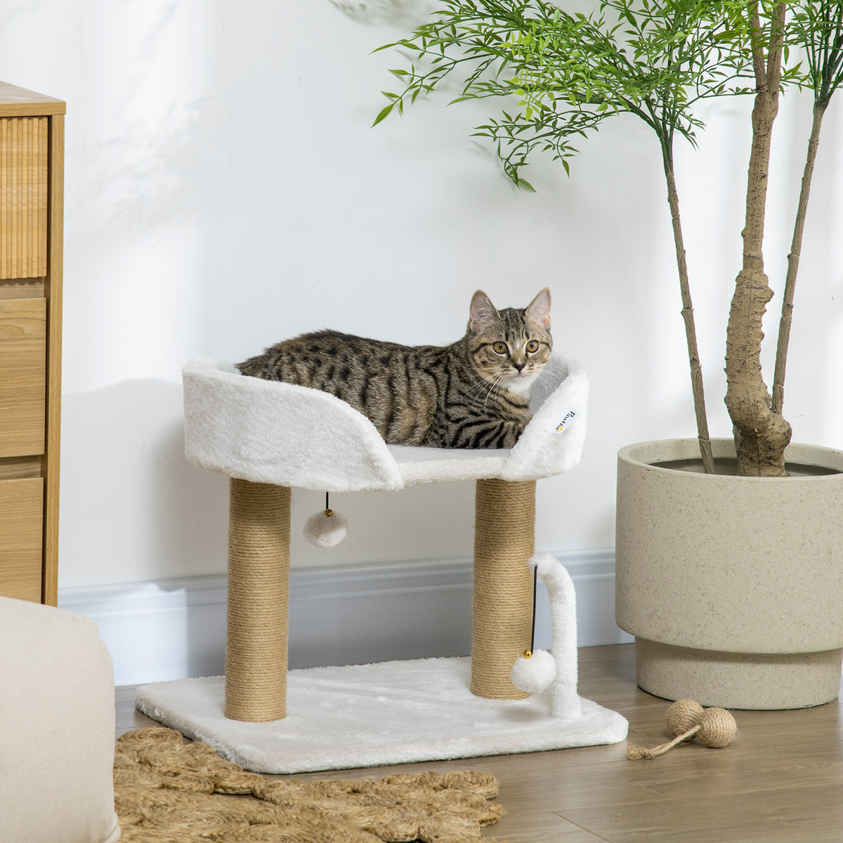 Indoor Cat Tree with Toy Balls & Jute Post – White, 42cm