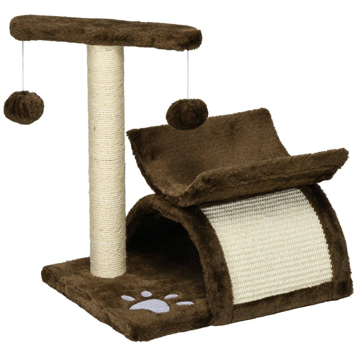 Kitten Cat Tree with Rotating Top Bar, Sisal Post, Tunnel & Balls – Brown