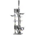 Floor-to-Ceiling Cat Tree with Hammocks & Houses – Light Grey, Adjustable 240–260cm