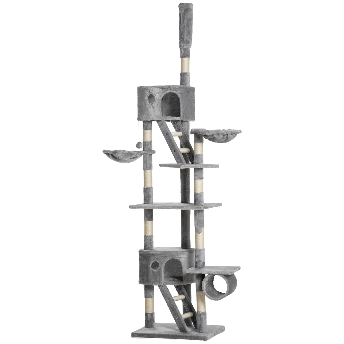 Floor-to-Ceiling Cat Tree with Hammocks & Houses – Light Grey, Adjustable 240–260cm