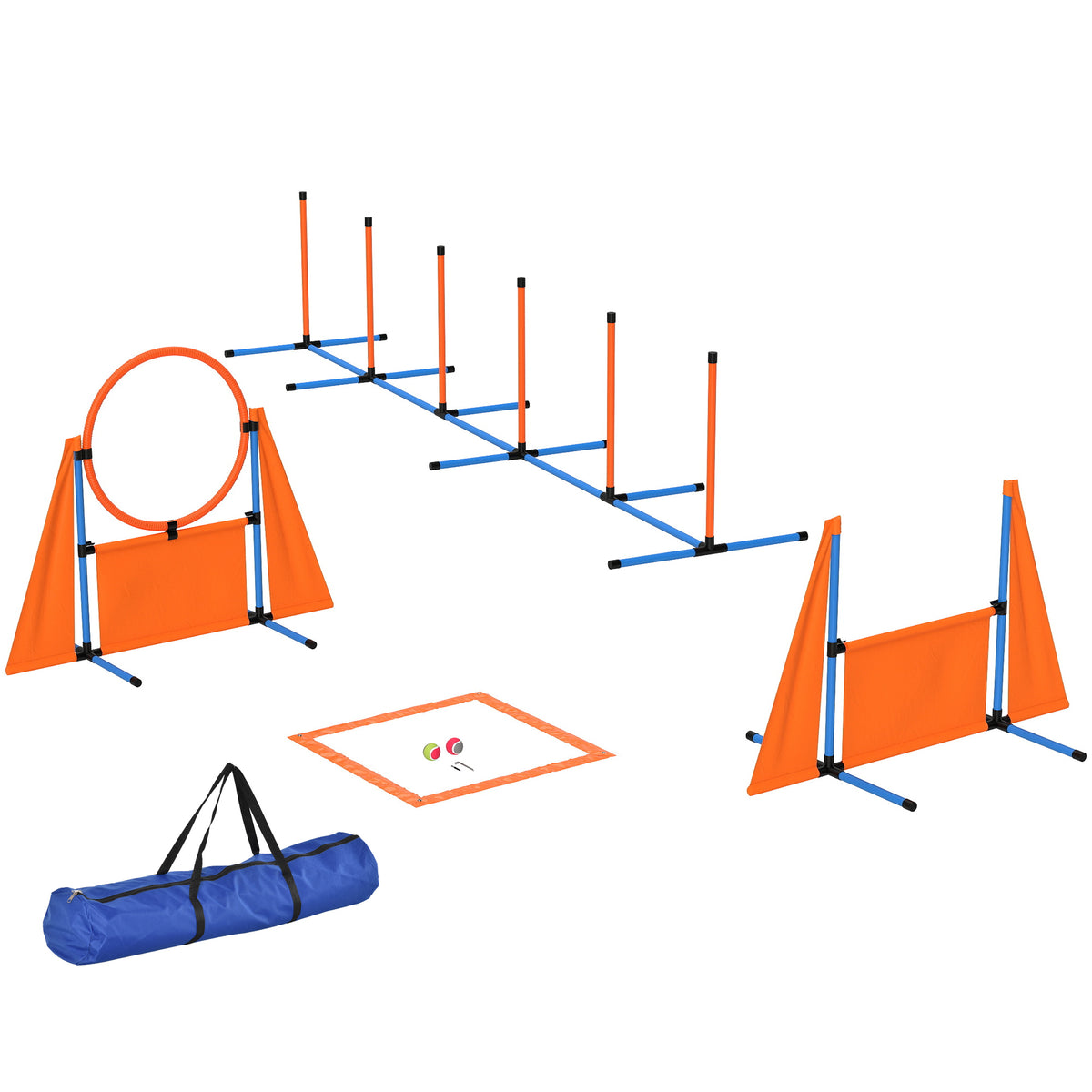 Six-Piece Dog Agility Set with Weave Poles, Jump Ring, Hurdle & Pause Box – Orange