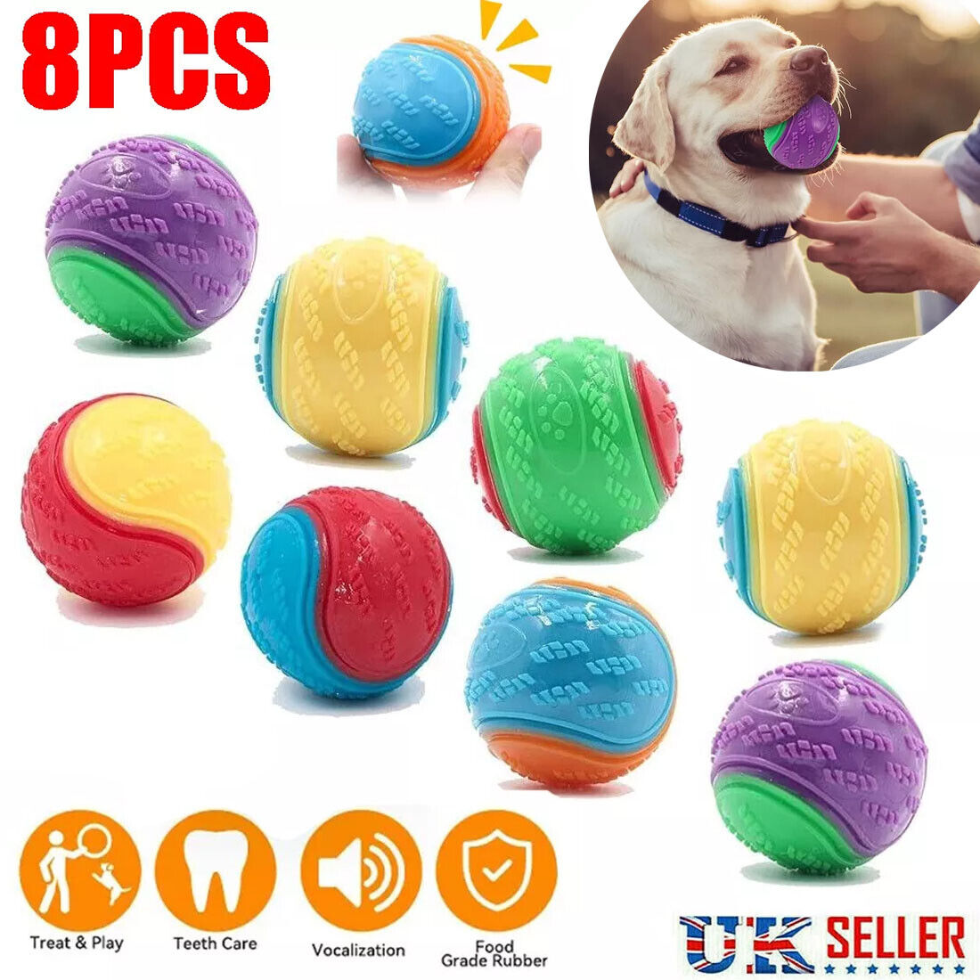 Squeaky Dog Balls – 8 Pack, Assorted Colours, 6.5cm – Style: A