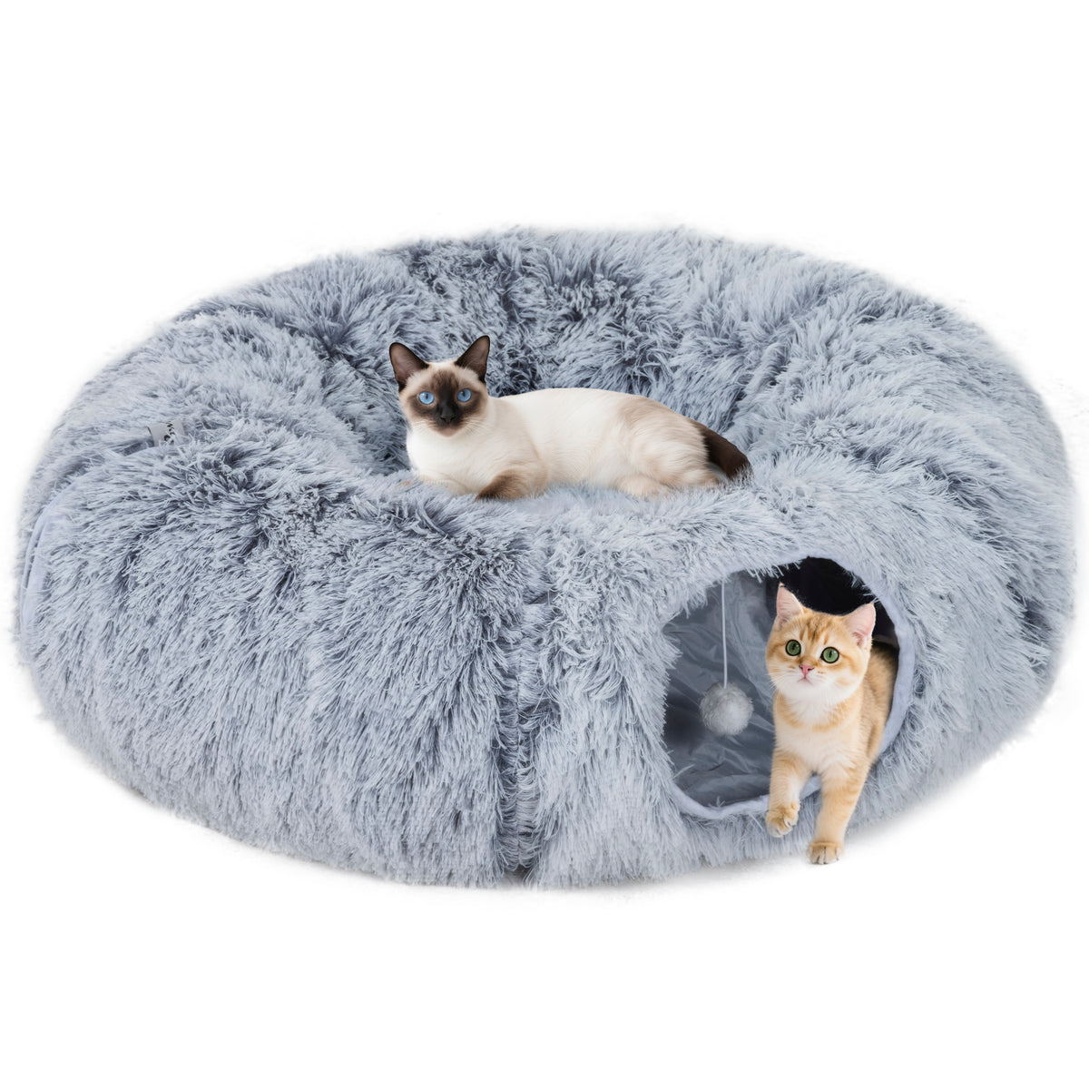 Donut Cat Tunnel with Washable Bed & Toy Ball – Light Grey