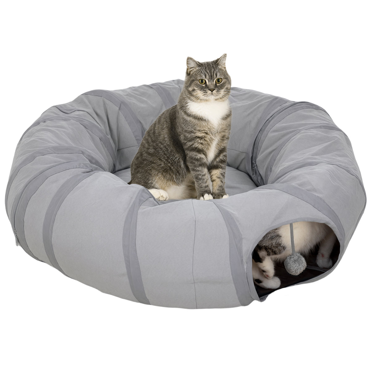 Two-in-One Cat Tunnel Bed with Ball & Peek Hole – Grey