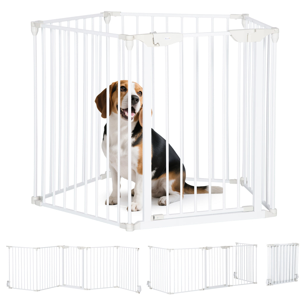 Five-Panel Metal Pet Playpen with Walk-Through Door – White