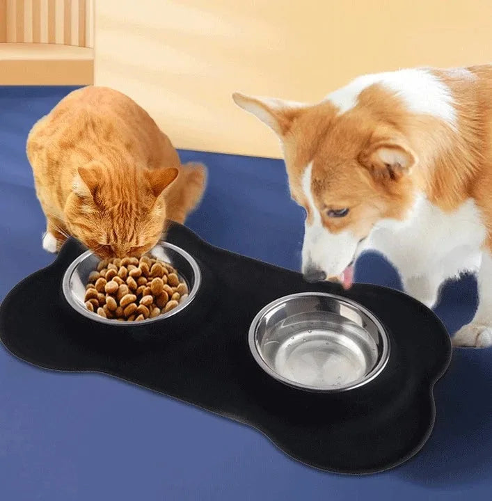 Black silicone mat with two stainless steel pet feeding bowls