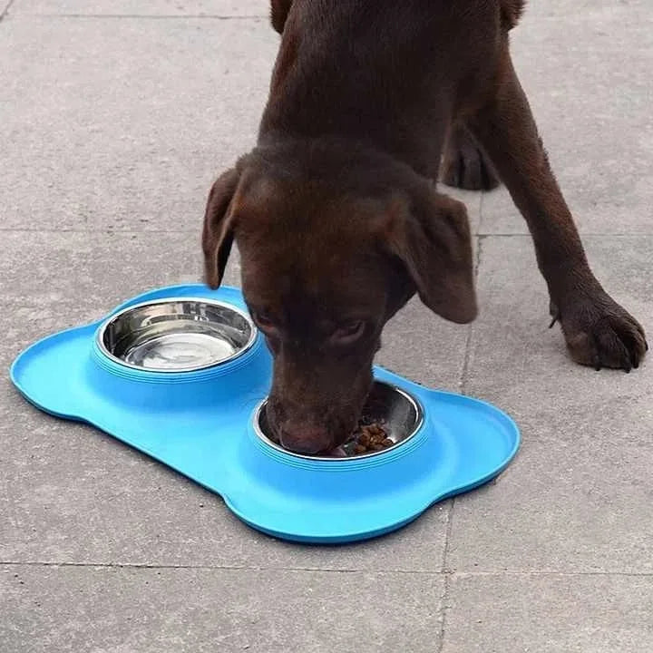 Blue silicone mat with two stainless steel pet feeding bowls