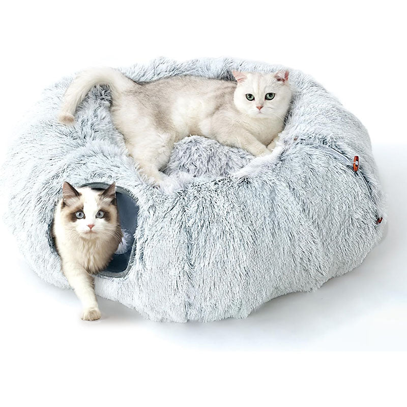 Grey plush cat tunnel with padded resting mat