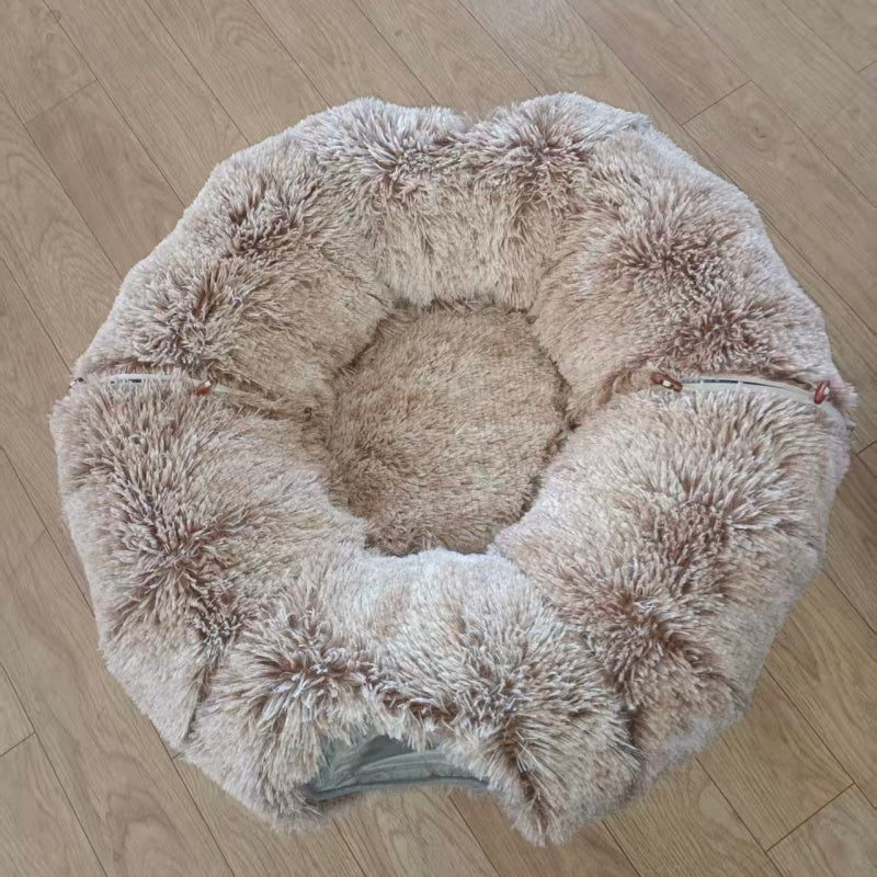 Brown plush cat tunnel with padded resting mat