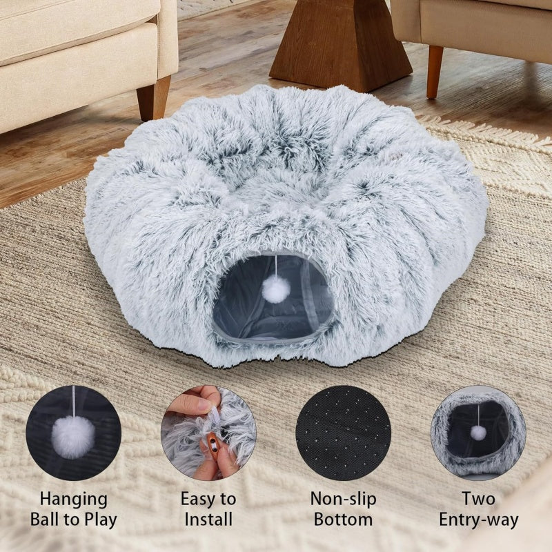 Plush cat tunnel bed with multiple entrances
