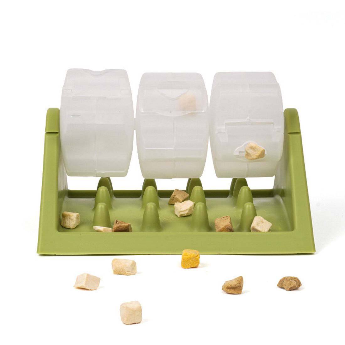 Green rotating pet treat feeder with transparent food roller