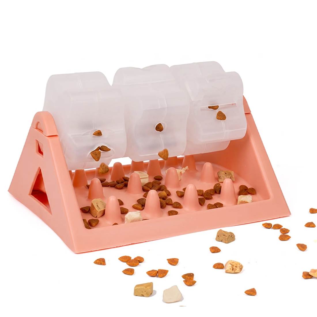 Pink rotating pet treat feeder with transparent food roller