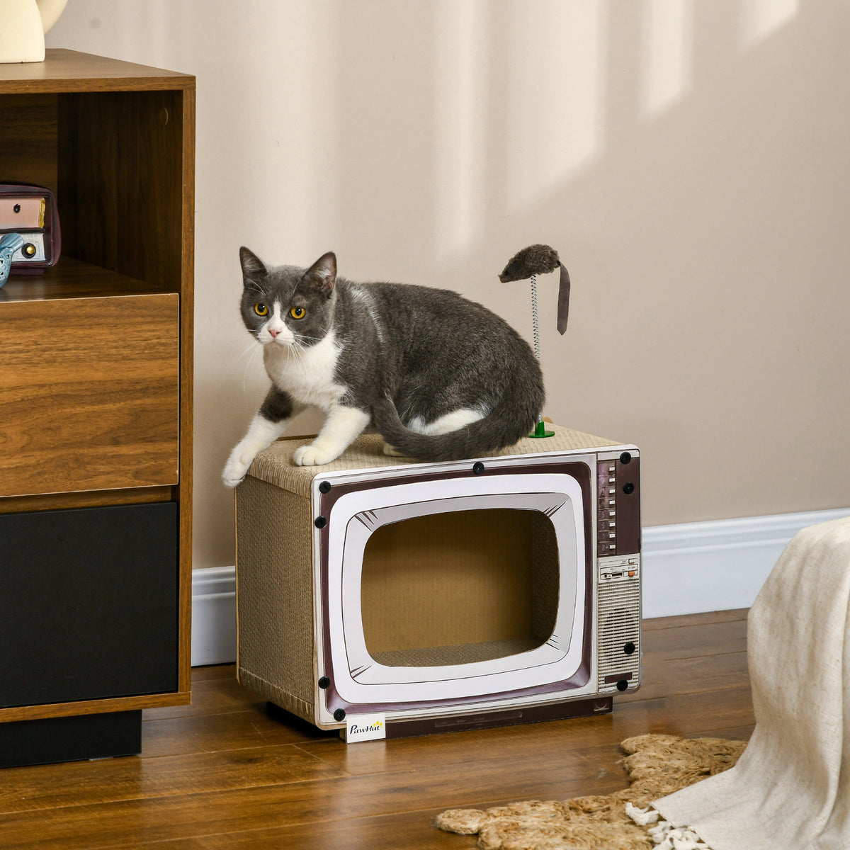 TV-shaped cat scratching board with catnip and toy rat
