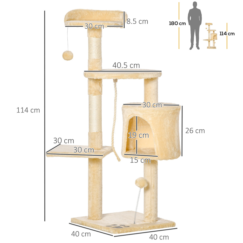 PawHut Cat Tree with Condo & Toys – Beige, 114cm – product view 3
