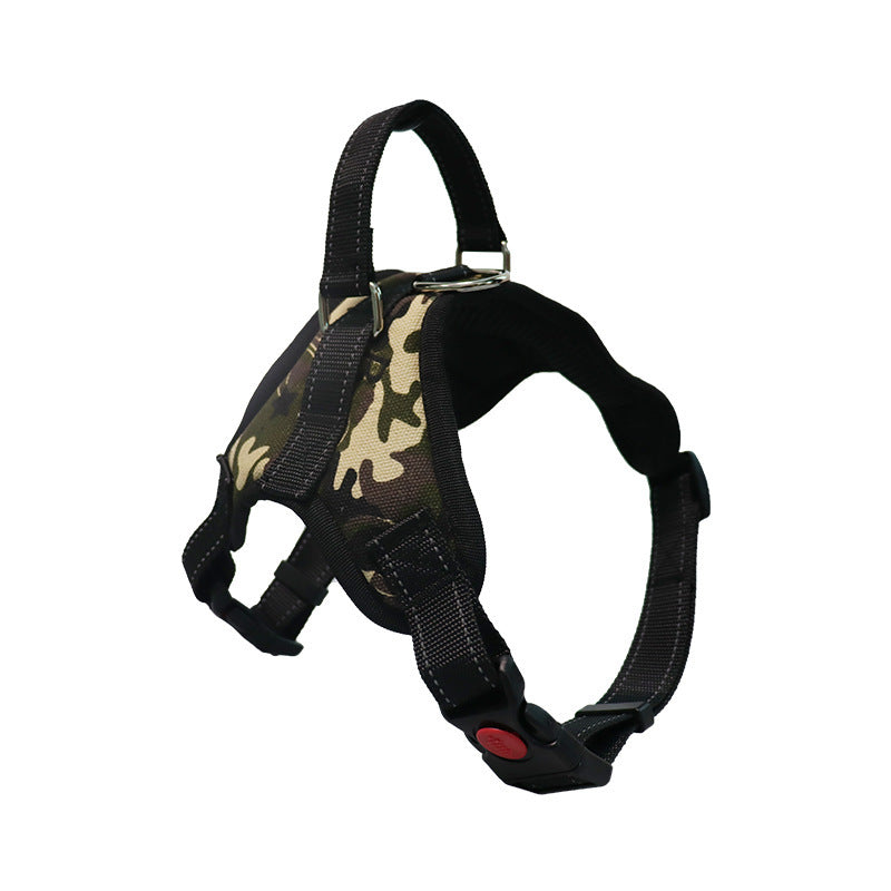Camouflage dog harness viewed from the side