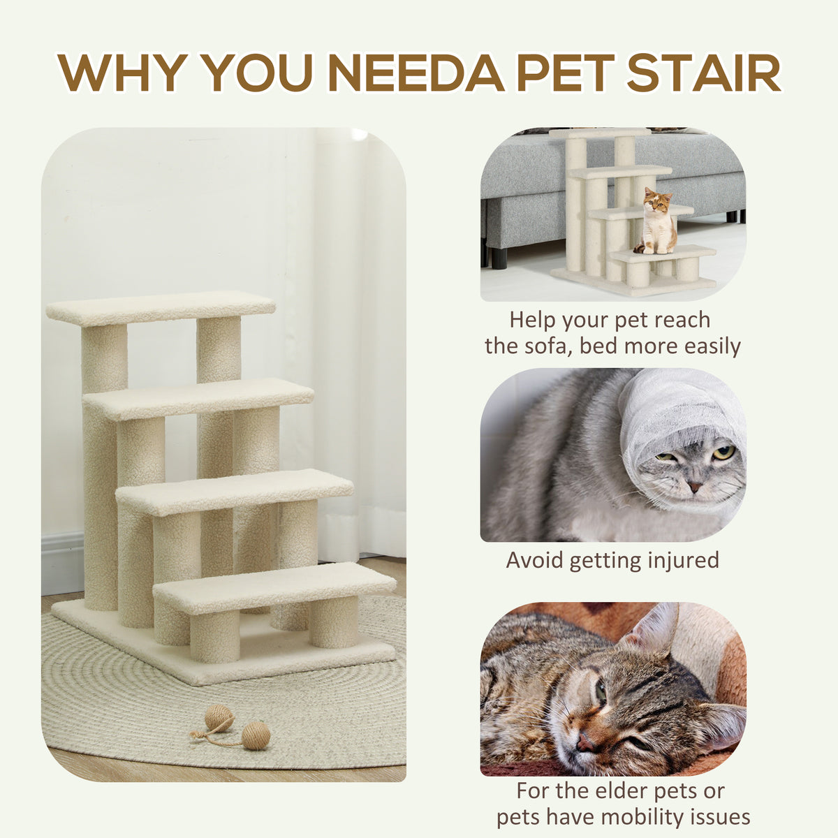 PawHut Four-Step Plush Pet Ladder – Cream, 60cm – product view 5