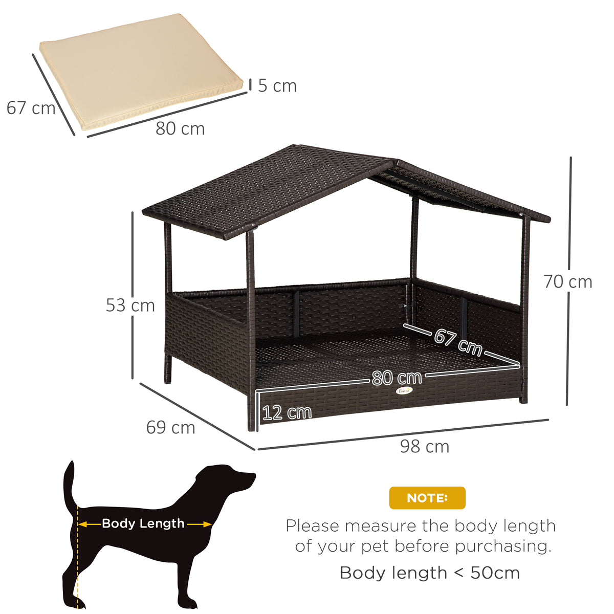 PawHut Rattan Dog Cabana with Cushion – Cream – product view 3