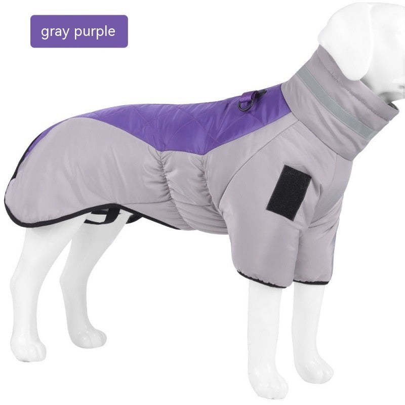 Grey and purple padded dog coat on a display model